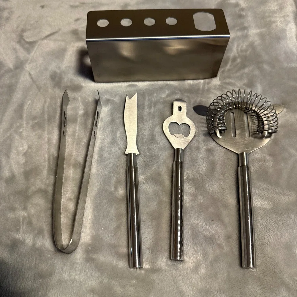 New Stainless Steel Bar‎ Tool Set w/ Stand – Strainer, Knife, Opener & Ice Tongs